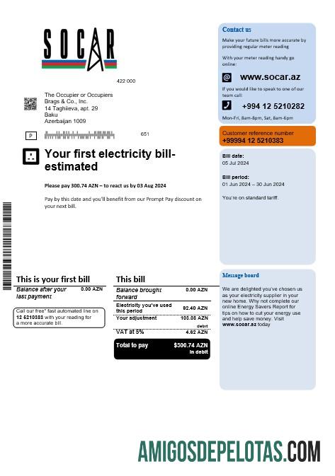 realista Modelo de conta de serviços públicos de gás Socar do Azerbaijão, totalmente editável em formato PSD